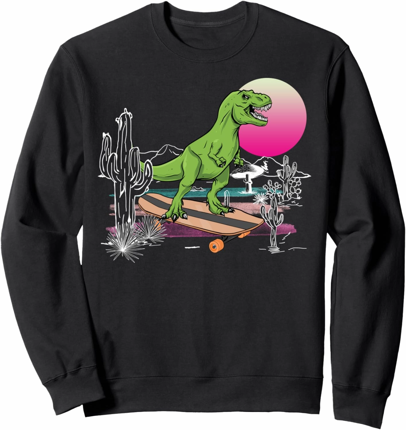 T-Rex Skateboarding Sunset Cactus Desert Mountains Dinosaurs Sweatshirt