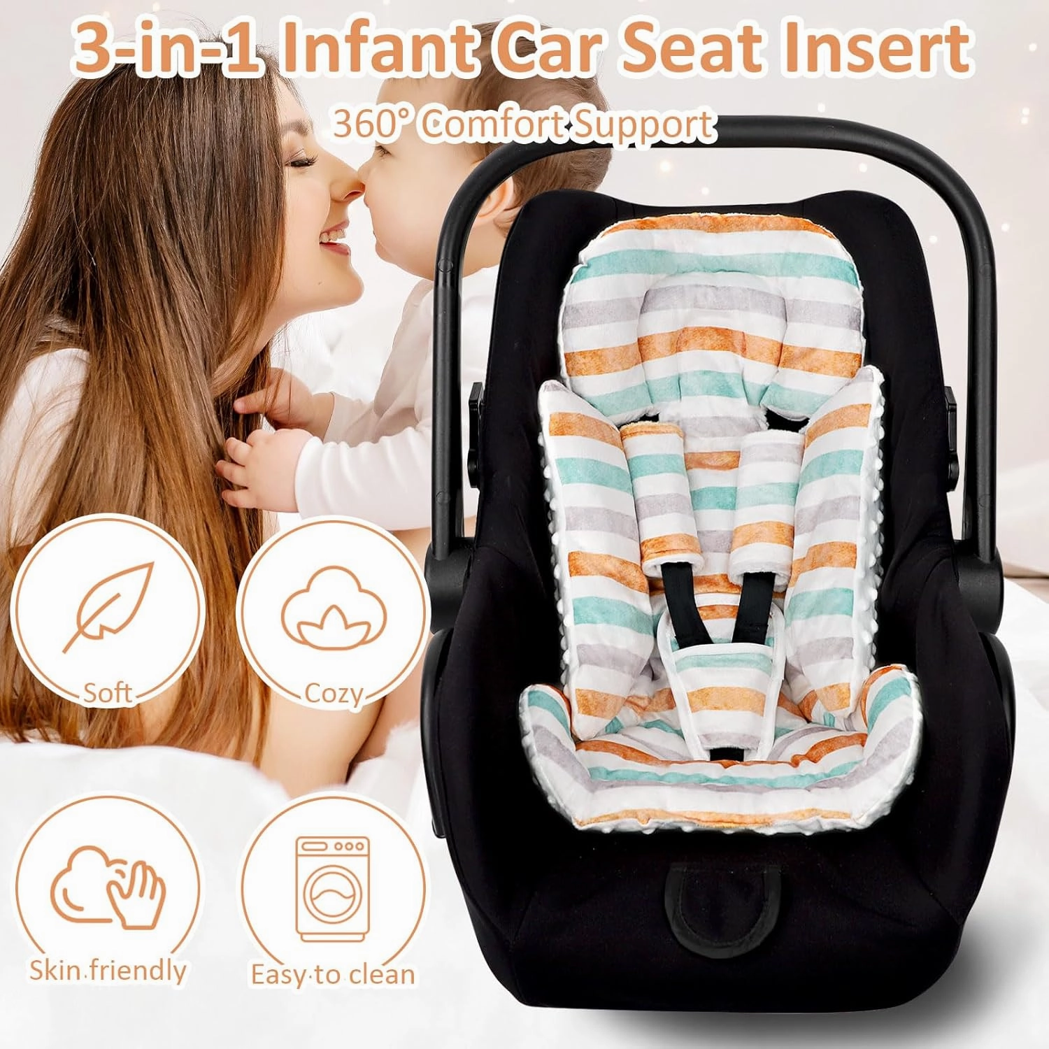 TANOFAR Car Seat Head Support Baby - Infant Car Seat Insert for Newborn Girls Boys - Soft Carseat Head Support for Infant - Newborn Carseat Insert for Car Seats, Strollers, Swings, Bouncer (Line)