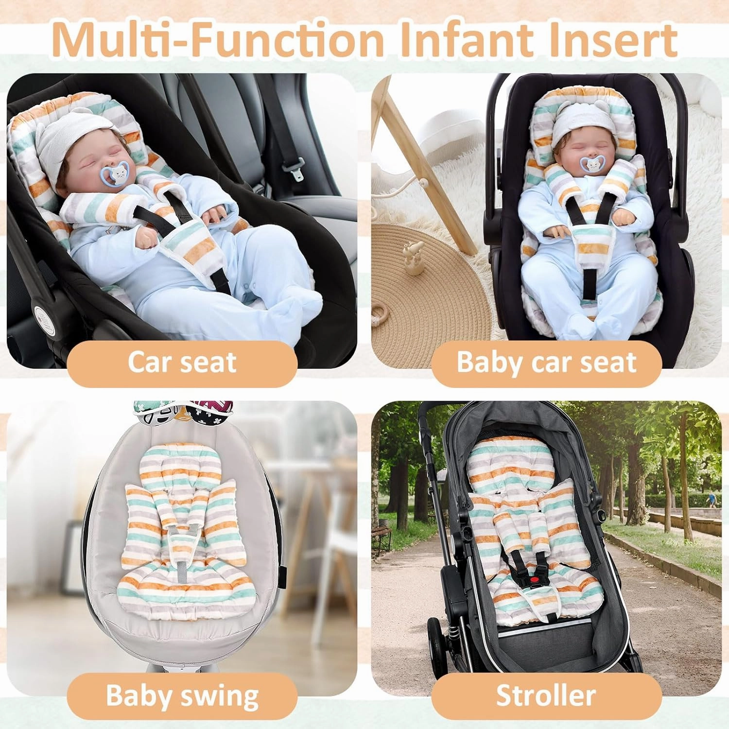 TANOFAR Car Seat Head Support Baby - Infant Car Seat Insert for Newborn Girls Boys - Soft Carseat Head Support for Infant - Newborn Carseat Insert for Car Seats, Strollers, Swings, Bouncer (Line)
