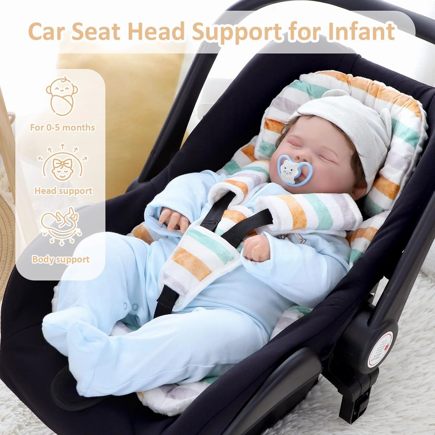 TANOFAR Car Seat Head Support Baby - Infant Car Seat Insert for Newborn Girls Boys - Soft Carseat Head Support for Infant - Newborn Carseat Insert for Car Seats, Strollers, Swings, Bouncer (Line)
