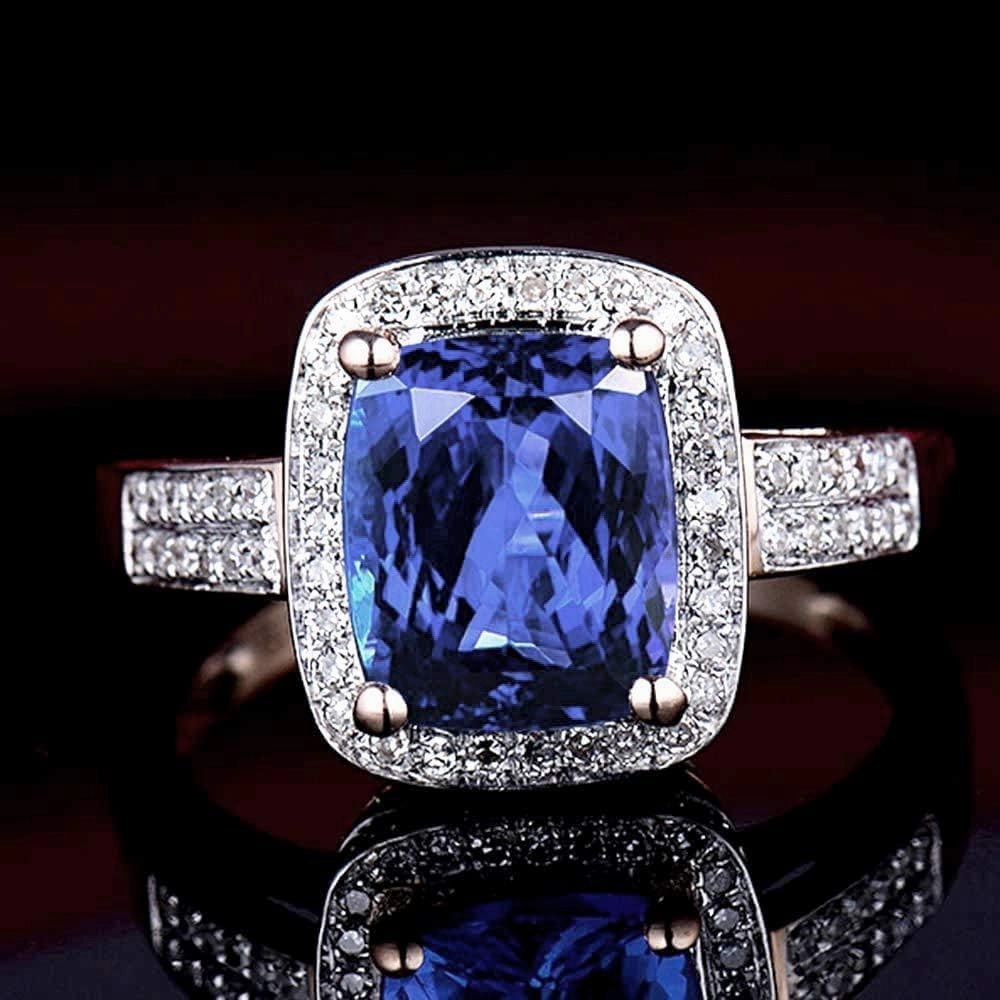 Tanzanite Rings For Women, 14K Rose Gold Rings - Tanzanite Ring with Diamond, Natural AAAA  Tanzanite Blue Ring & Real Diamond Gemstone Rings For Couple Engagement Ring
