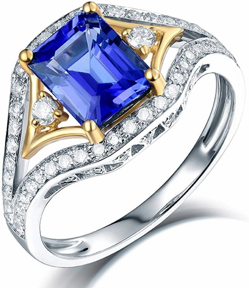 Tanzanite Rings For Women, 14K White Gold Rings - Tanzanite Ring with Diamond, Natural AAA Genuine Blue Tanzanite Rings & Real Diamond Gemstone Rings For Couple Engagement Ring