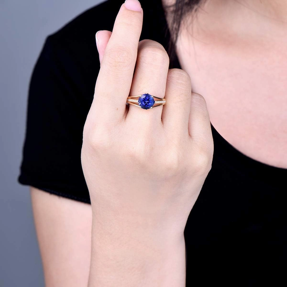 Tanzanite Rings For Women, 14K Yellow Gold Rings - Tanzanite Ring with Diamond, Natural Genuine Tanzanite Blue Stone Ring & Real Diamond Gemstone Rings For Engagement Ring