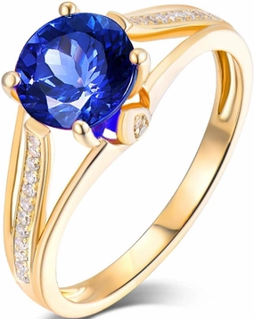 Tanzanite Rings For Women, 14K Yellow Gold Rings - Tanzanite Ring with Diamond, Natural Genuine Tanzanite Blue Stone Ring & Real Diamond Gemstone Rings For Engagement Ring