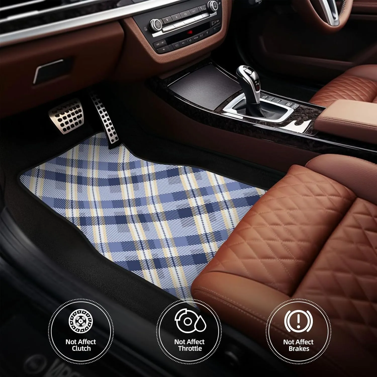 Tartan S in Blue Yellow Colors Car Front and Rear Floor Mats, Anti Slip Car Mats, Complete Set of 4 Carpets, All Weather Protection
