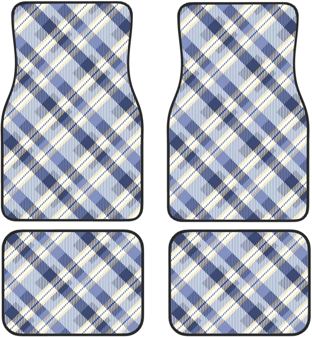 Tartan S in Blue Yellow Colors Car Front and Rear Floor Mats, Anti Slip Car Mats, Complete Set of 4 Carpets, All Weather Protection