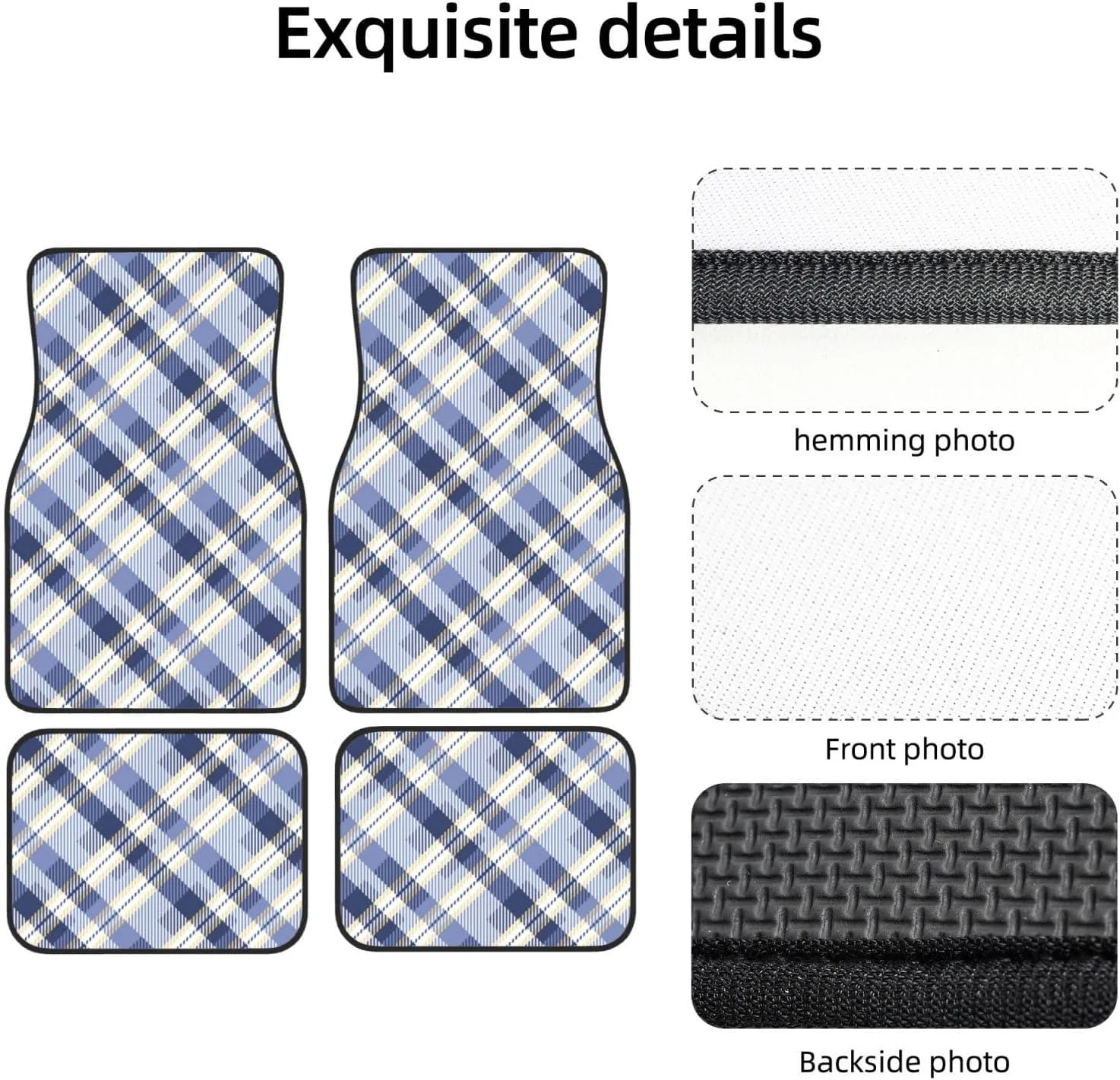 Tartan S in Blue Yellow Colors Car Front and Rear Floor Mats, Anti Slip Car Mats, Complete Set of 4 Carpets, All Weather Protection
