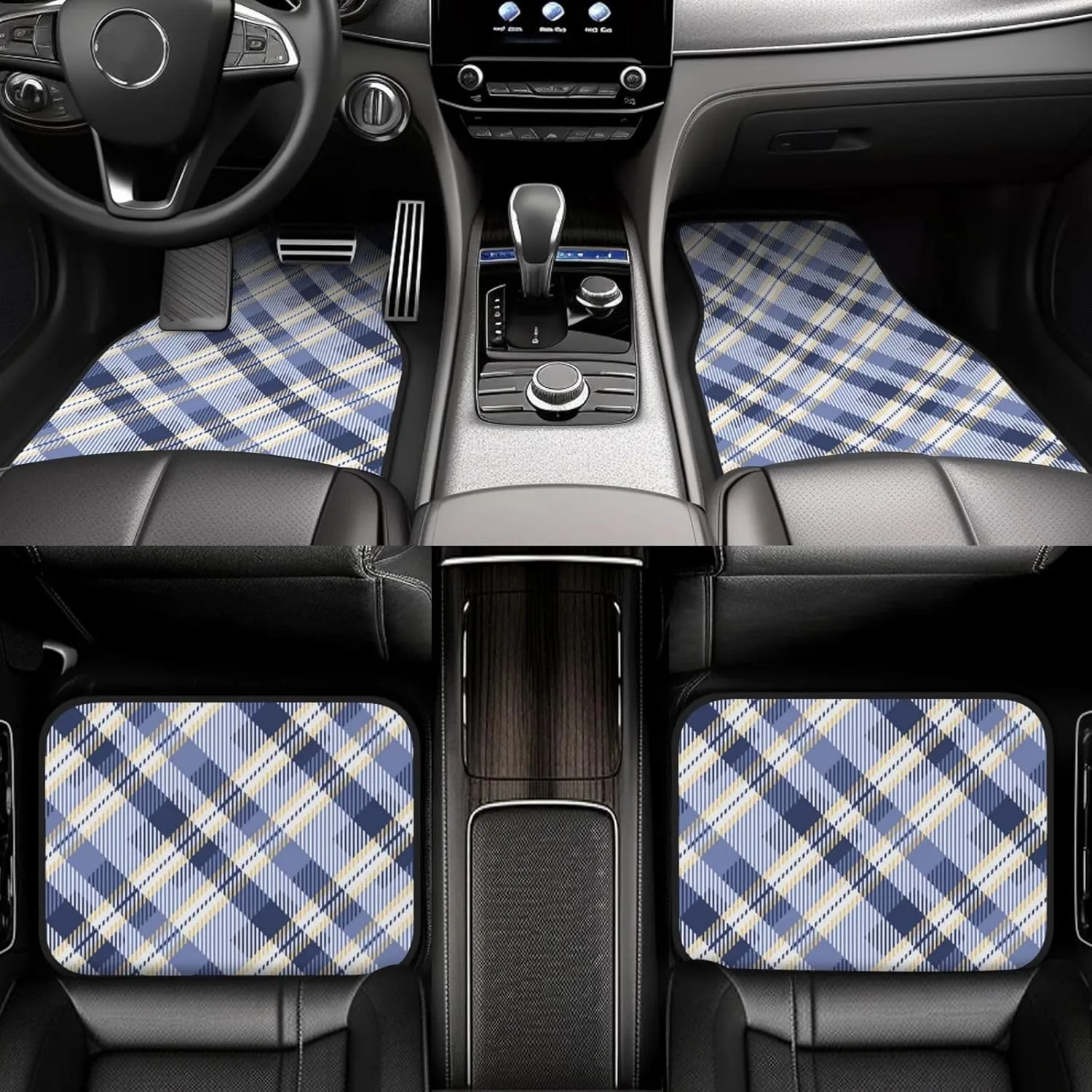 Tartan S in Blue Yellow Colors Car Front and Rear Floor Mats, Anti Slip Car Mats, Complete Set of 4 Carpets, All Weather Protection