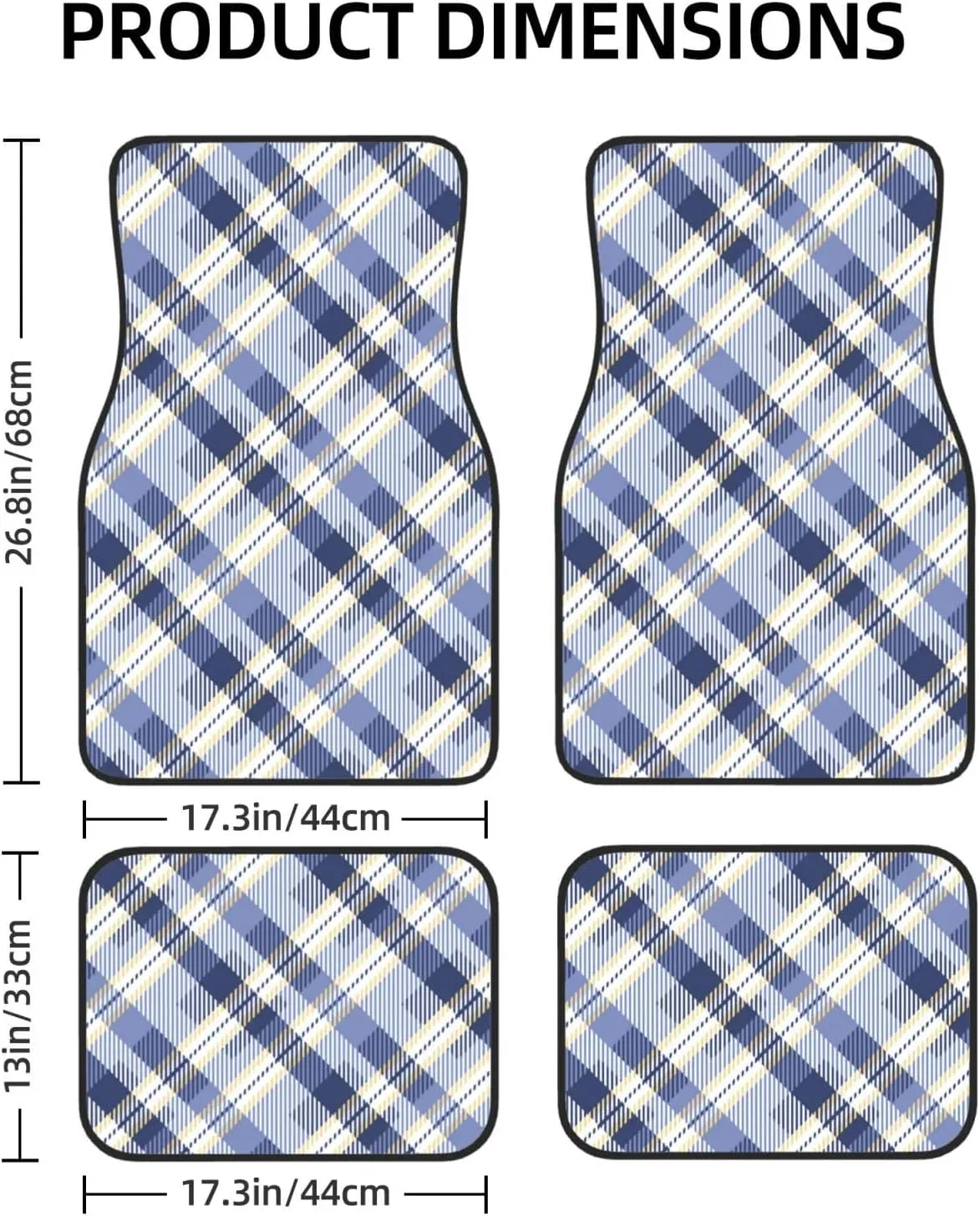 Tartan S in Blue Yellow Colors Car Front and Rear Floor Mats, Anti Slip Car Mats, Complete Set of 4 Carpets, All Weather Protection