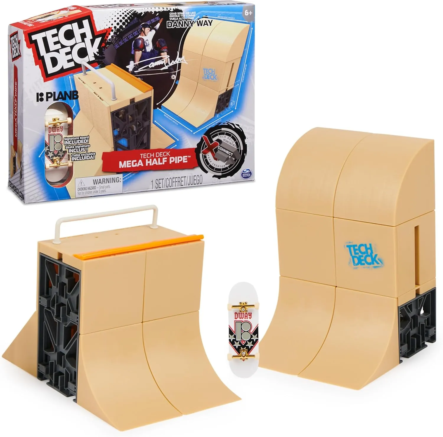 Tech Deck, Danny Way Mega Half Pipe X-Connect Park Creator, Customizable Ramp Set with Exclusive Plan B Fingerboard, Kids Toy for Boys and Girls Ages 6 and up