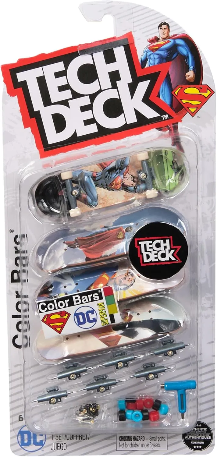 Tech Deck, Ultra DLX Fingerboard 4-Pack, DC Superman Skateboards, Collectible and Customizable Mini Skateboards, Kids Toys for Ages 6 and up