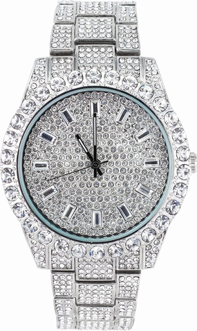 Techno Pave Men's 44mm Iced Out Solitaire Bezel Watch, Baguette Dial