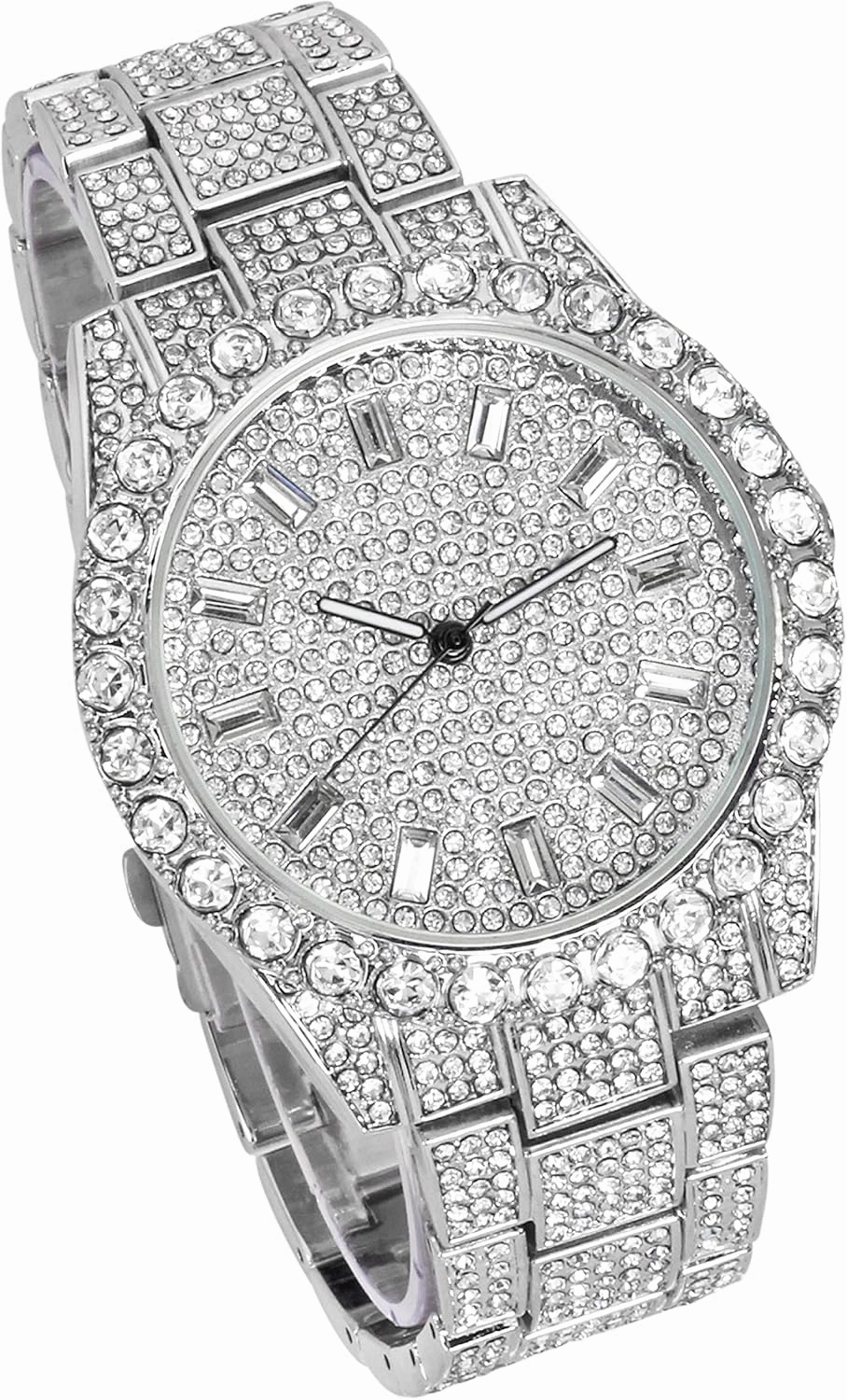 Techno Pave Men's 44mm Iced Out Solitaire Bezel Watch, Baguette Dial