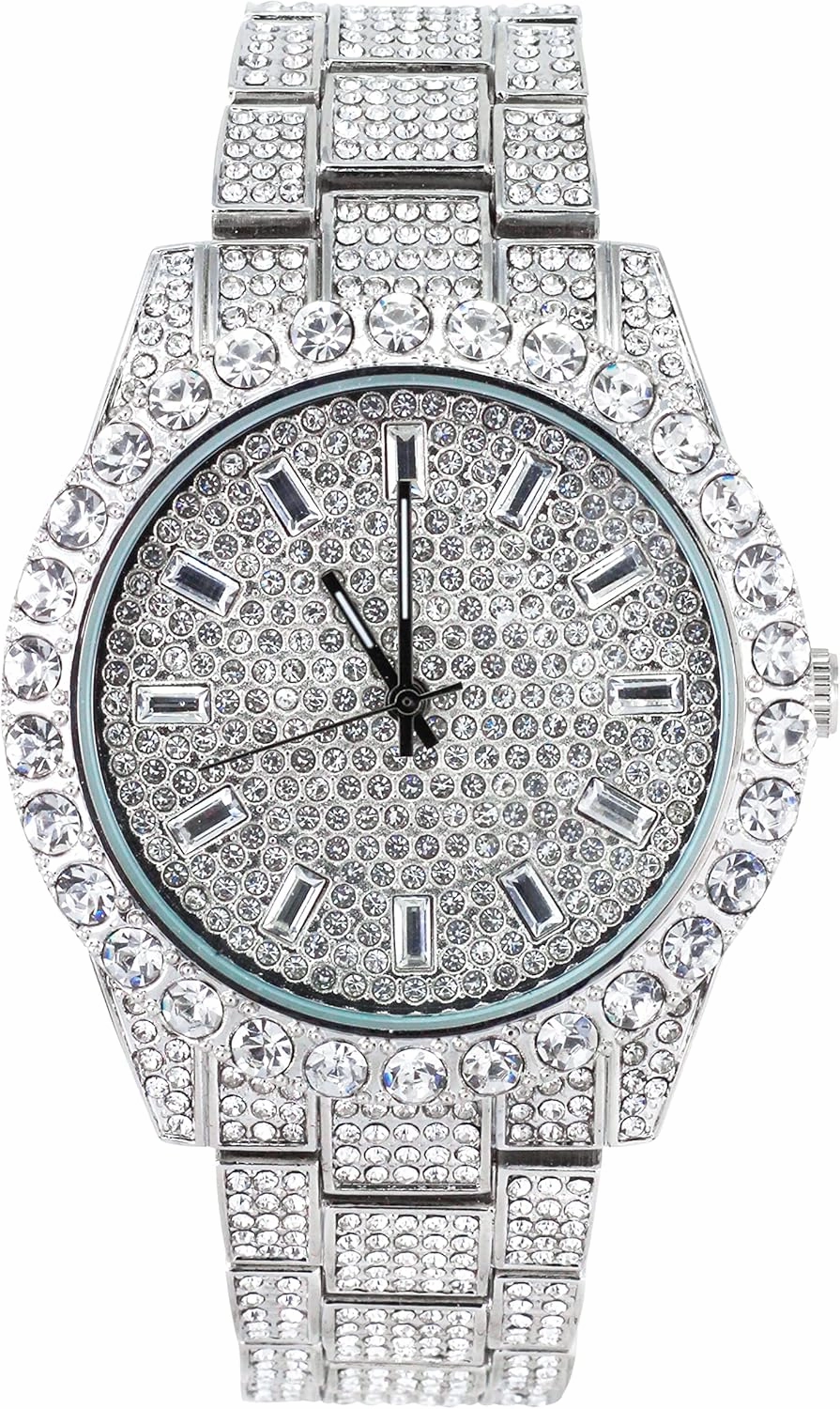 Techno Pave Men's 44mm Iced Out Solitaire Bezel Watch, Baguette Dial