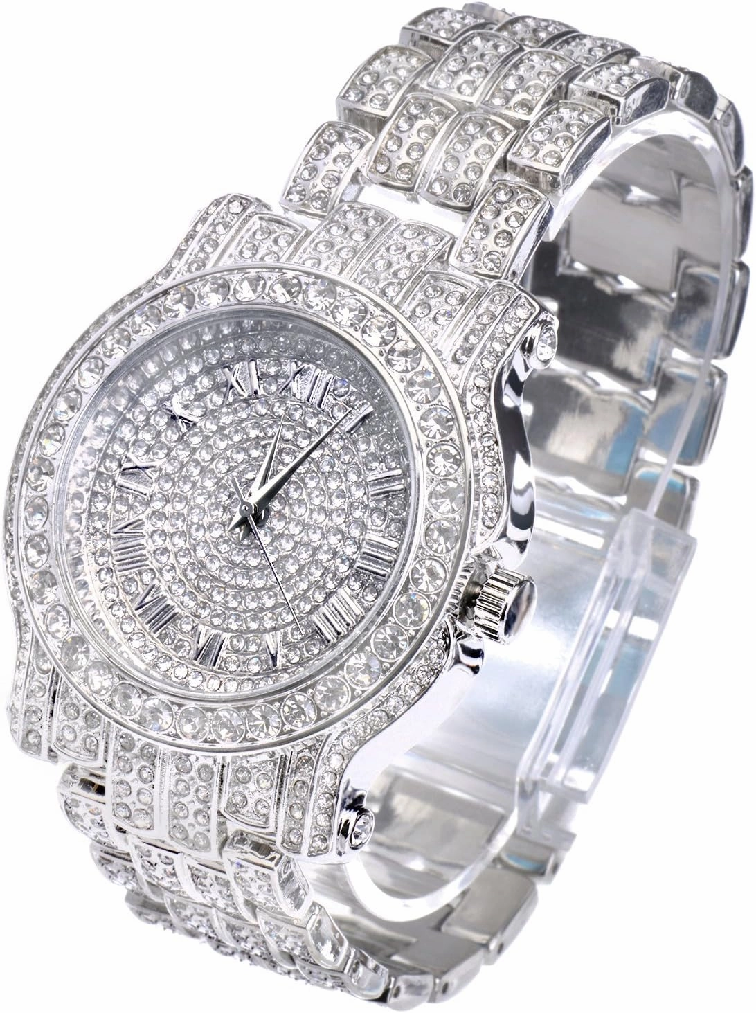 Techno Pave Men's 45mm Iced Diamond Roman Dial Watch - Quartz Movement