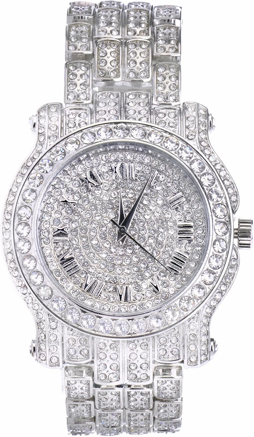 Techno Pave Men's 45mm Iced Diamond Roman Dial Watch - Quartz Movement