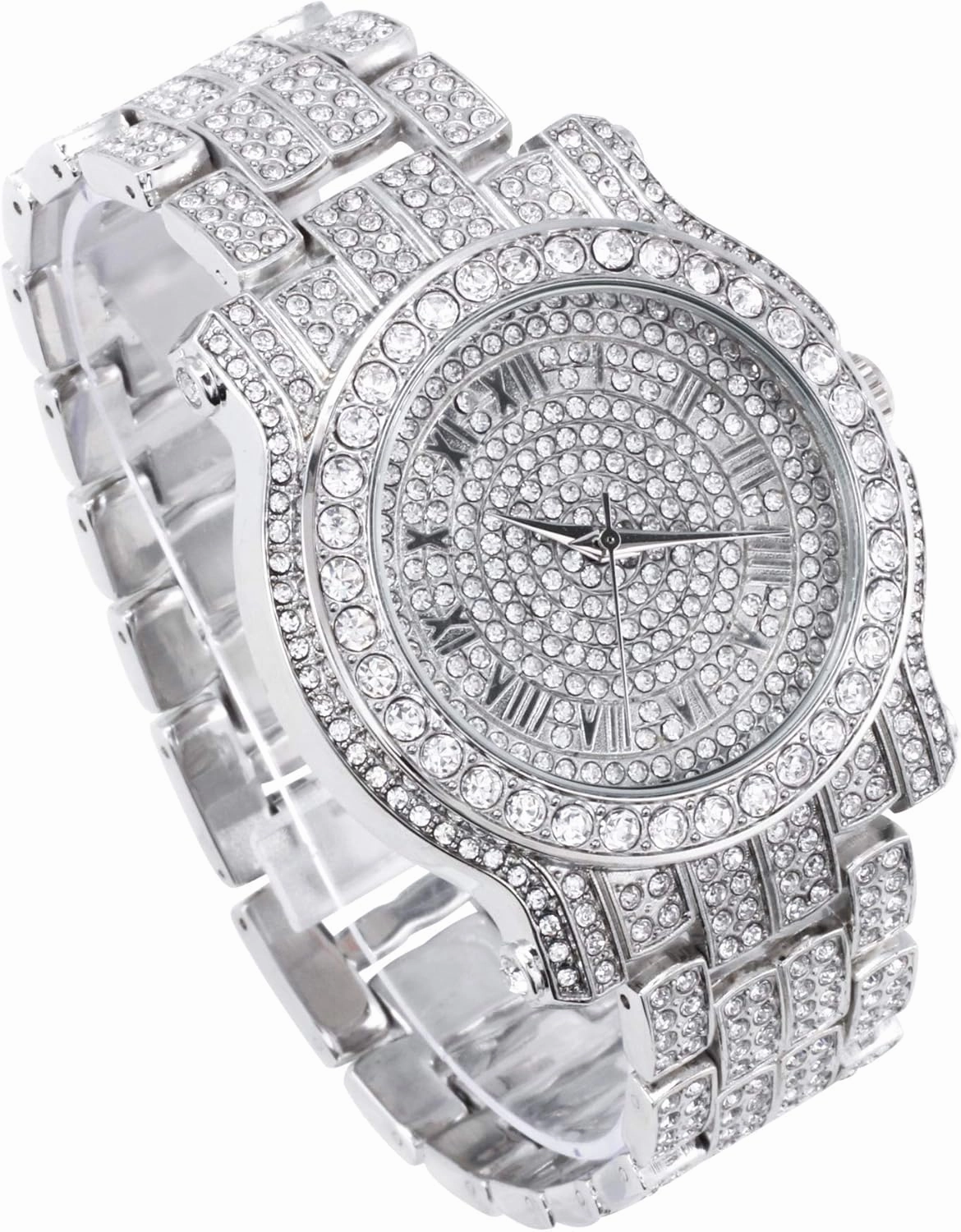 Techno Pave Men's 45mm Iced Out Roman Dial Watch & Chain Set, Quartz Movement