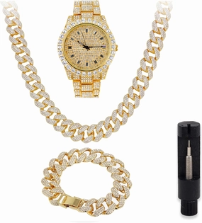 Techno Pave Mens Iced Out Metal Band Watch & Bling-ed Out Jewelry Set