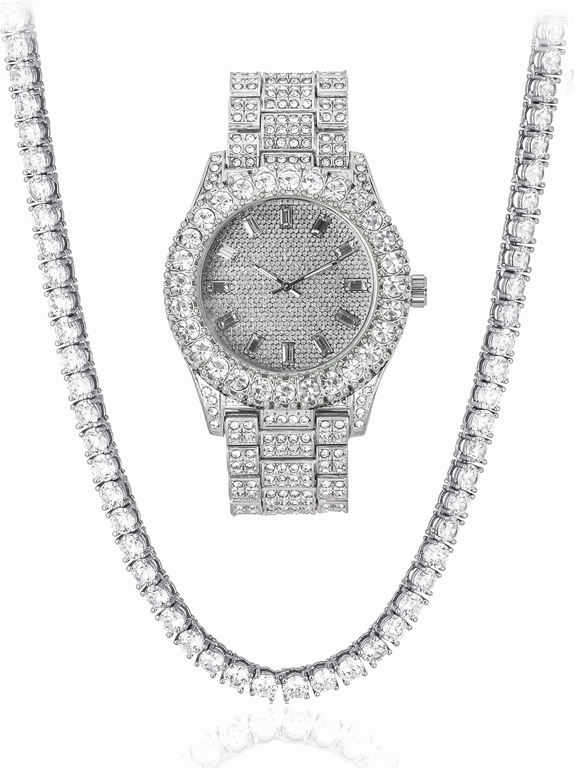 Techno Pave Womens Iced Solitaire Bezel Watch & Chain Set, 44mm Case