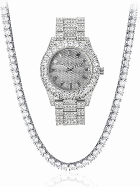 Techno Pave Womens Iced Solitaire Bezel Watch & Chain Set, 44mm Case