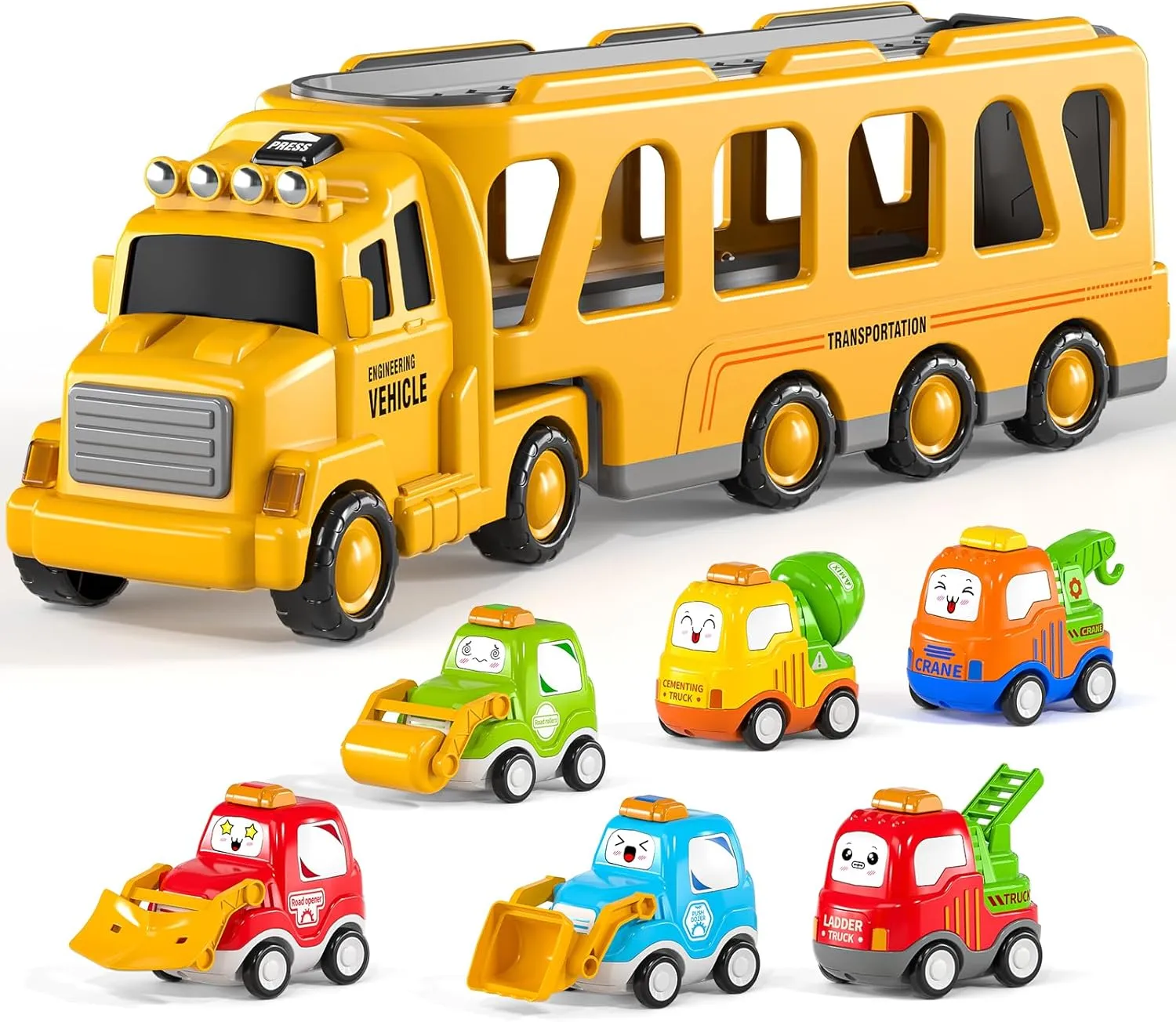 TEMI Construction Engineering Truck Toys for 3 4 5 6 7 8 Years Old Kids - Transport Vehicle Carrier Set, Friction Powered Cars, Birthdays Gifts for Toddlers Ages 3-6 6-9