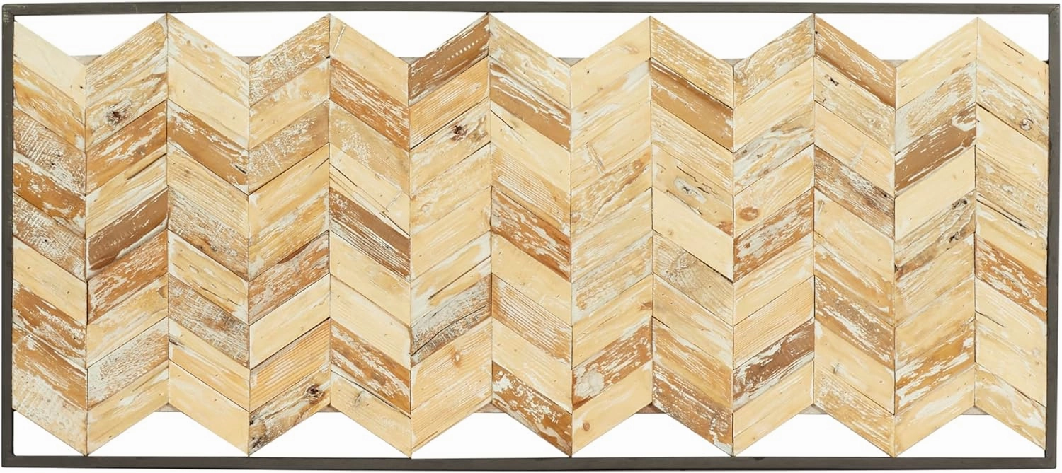 The Novogratz Teak Wood Geometric Handmade Home Wall Decor Chevron Panels Wall Sculpture with Distressing, Wall Art 52" x 1" x 23", Brown