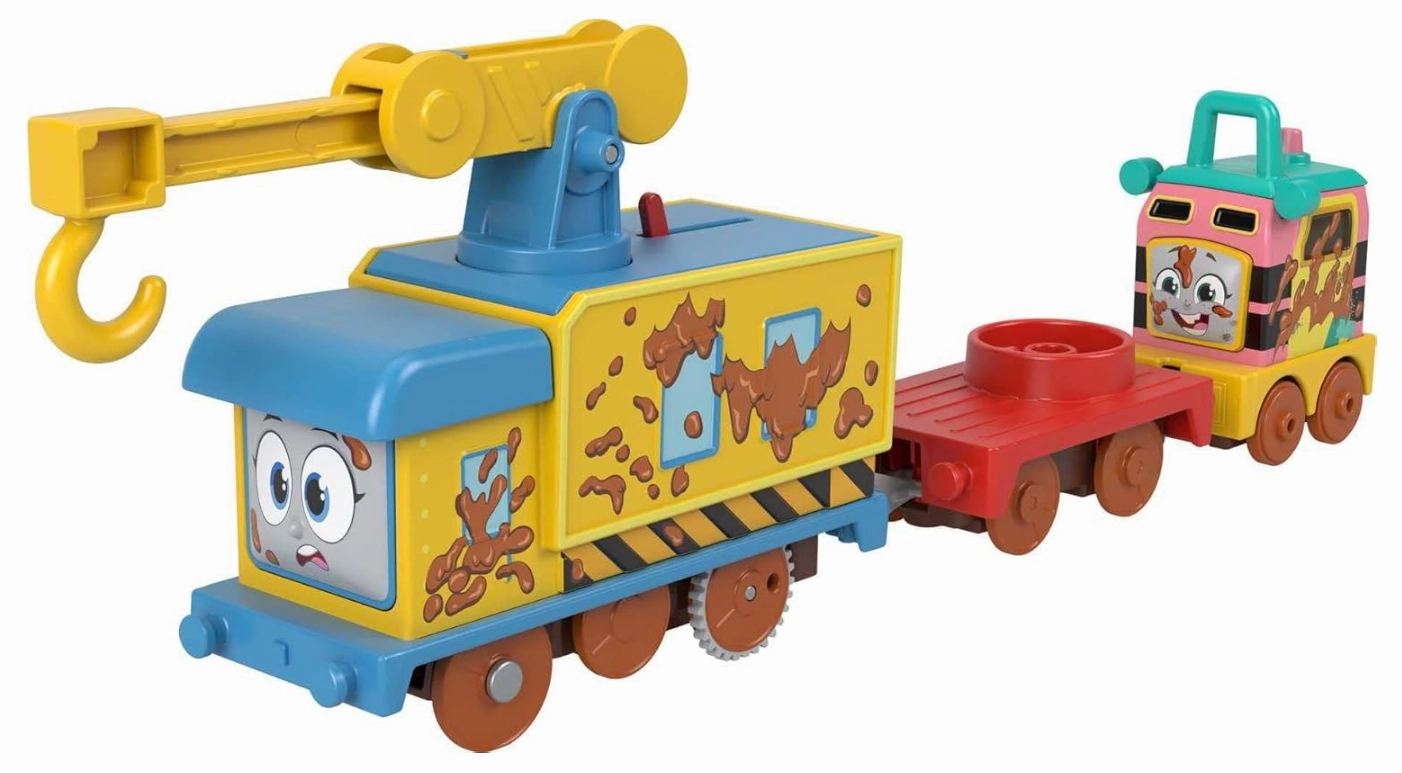 Thomas & Friends Motorized Toy Set Muddy Fix ‘em Up Friends Carly the Crane & Sandy the Rail Speeder for Preschool Pretend Play Kids Ages 3  Years