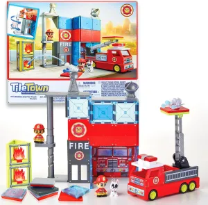 Tile Town Fire Station   Firetruck Magnetic Tiles Building Playset & Vehicle w/ Lights & Sounds   Figures, Kids 3-6 , New Action Tiles for Action Play, Creative Toy | Amazon Exclusive