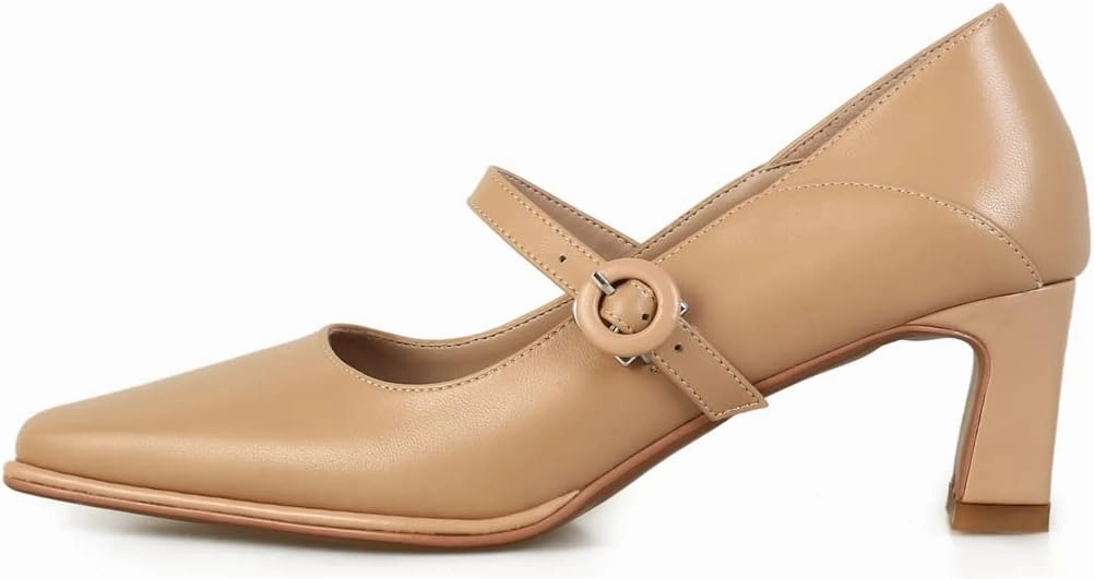 TinaCus Women's Genuine Leather Handmade Classic Square Toe Mid Heel Buckle Closure Mary Jane Pumps