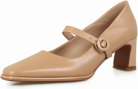 TinaCus Women's Genuine Leather Handmade Classic Square Toe Mid Heel Buckle Closure Mary Jane Pumps