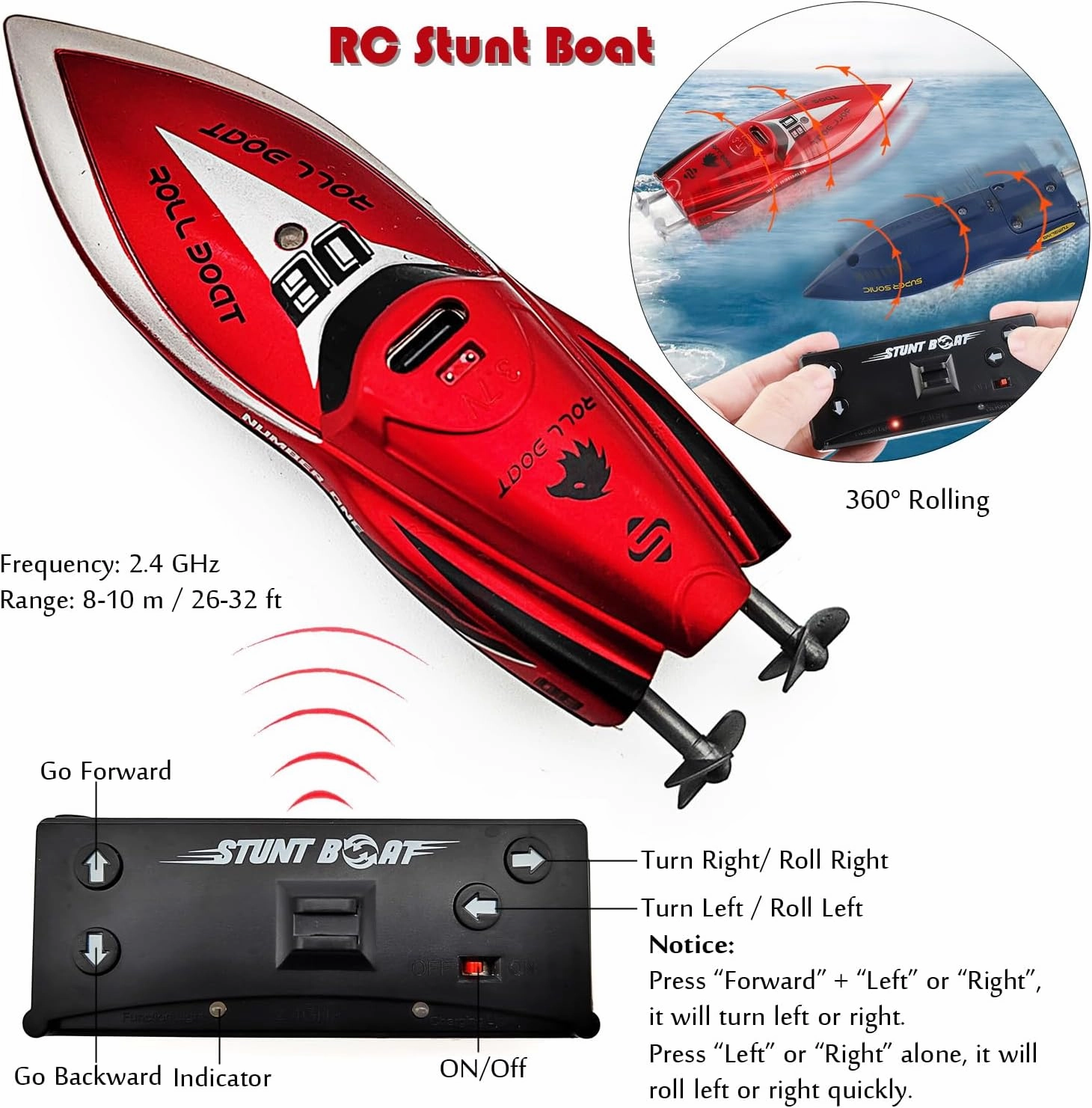 Tipmant Mimi RC Stunt Boat Toy 2.4 GHz Radio Remote Control Speedboat Ship 360° Rolling Summer Water Swimming Pool Kids Birthday Gifts (Red)