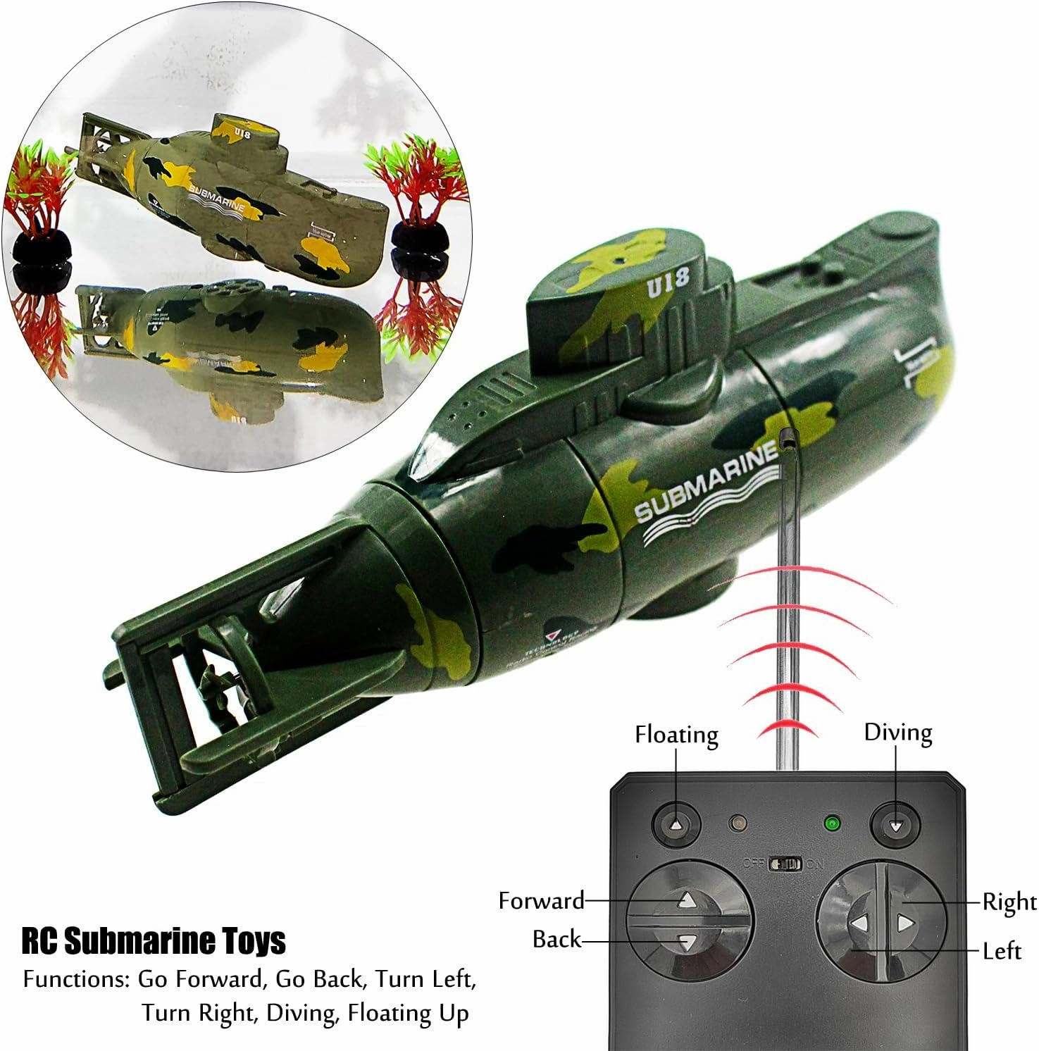 Tipmant Mini RC Submarine Remote Control Boat Ship Military Model Electronic Water Toy Diving for Fish Tank Water Tub Kids Birthday Gift (Green)