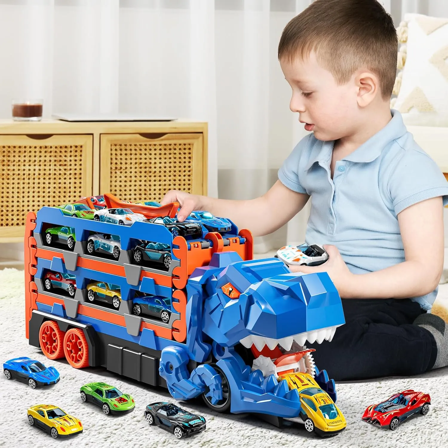 Toddler Toys Car Track Set for 3 4 5 6 Years Old Boys, Dinosaur Transporter Car Race Track with 12 Die-Cast Car Toys, Truck Toys Set Gifts for Age 3-12 Years Old Kids Boys Girls