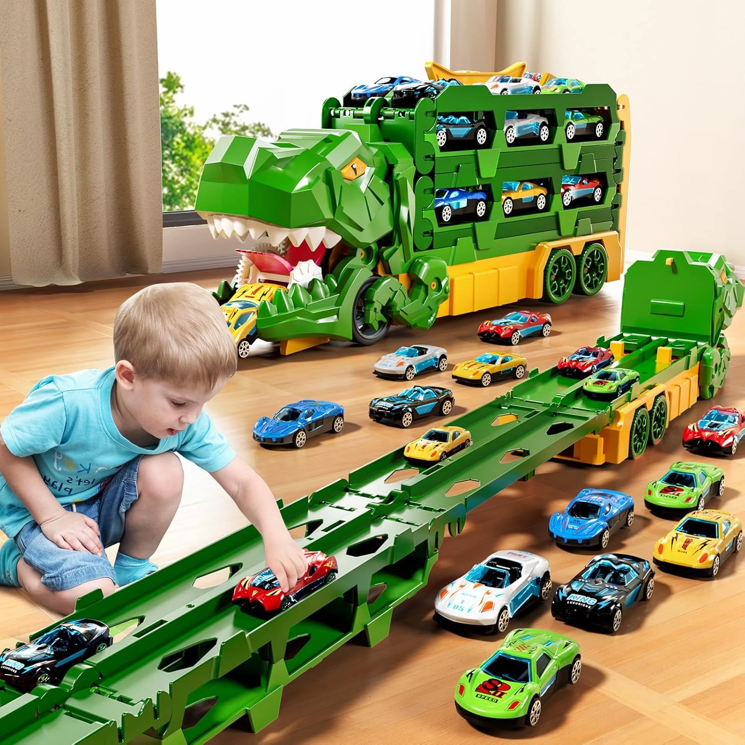Toddler Toys Car Track Set for 3 4 5 6 Years Old Boys, Dinosaur Transporter Car Race Track with 12 Die-Cast Car Toys, Truck Toys Set Gifts for Age 3-12 Years Old Kids Boys Girls