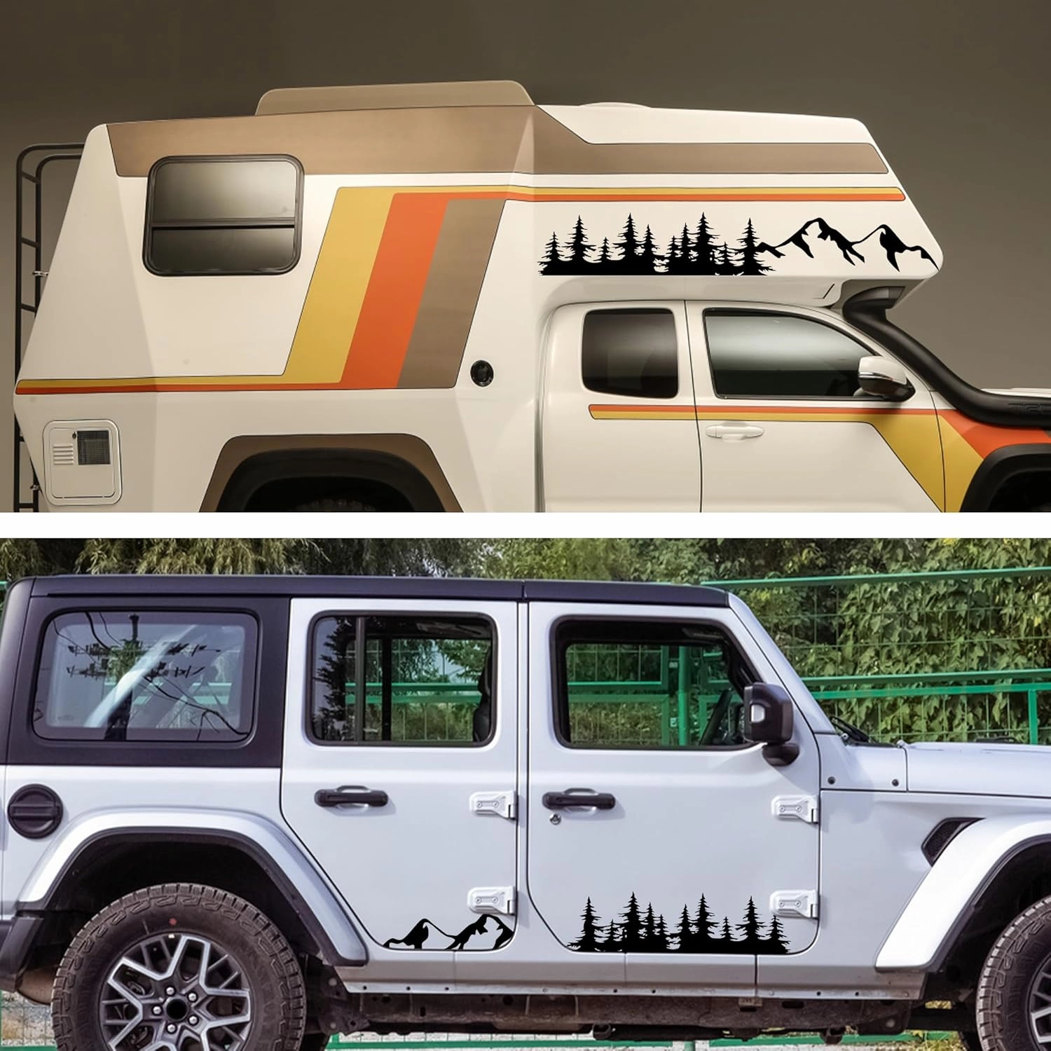 TOMALL 1 Pair Pine Tree Mountain Forest Vinyl Decals for Car Body Door Sides Universal Waterproof Tree Graphic Stickers Decoration for Vehicles Travel Trailer SUV Truck Off-Road (Small-Black)