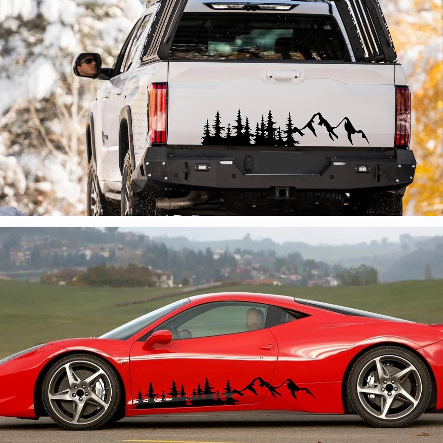 TOMALL 1 Pair Pine Tree Mountain Forest Vinyl Decals for Car Body Door Sides Universal Waterproof Tree Graphic Stickers Decoration for Vehicles Travel Trailer SUV Truck Off-Road (Small-Black)