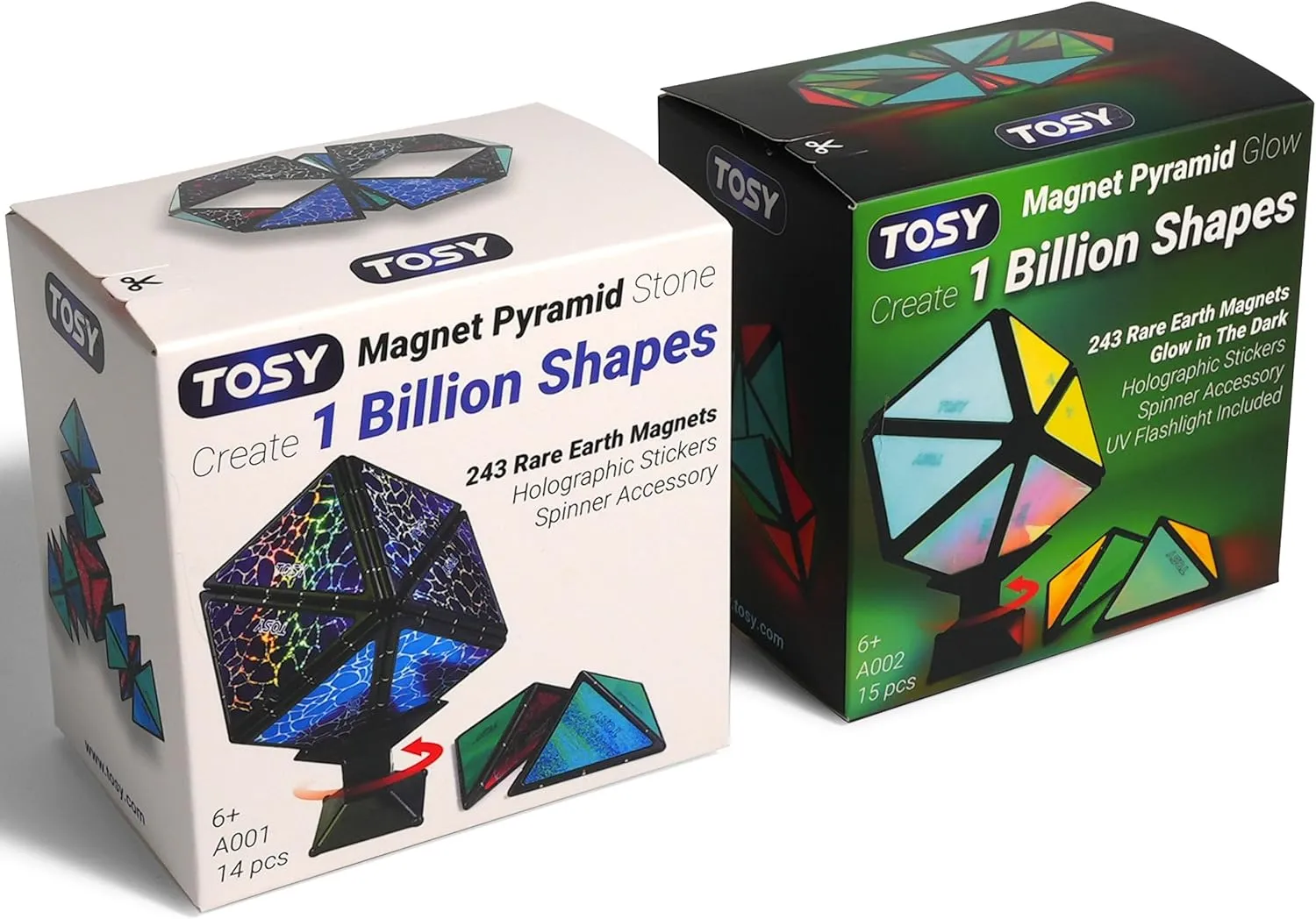 TOSY Magnet Pyramid - 1 Cube Transforms into 1 Billion Shapes, 12 pcs, 4th of July Decorations, 243 Rare Earth Magnets, Glowing, Holographic Magnet Tiles Creative Puzzle STEM/STEAM Toy, Mixed Set