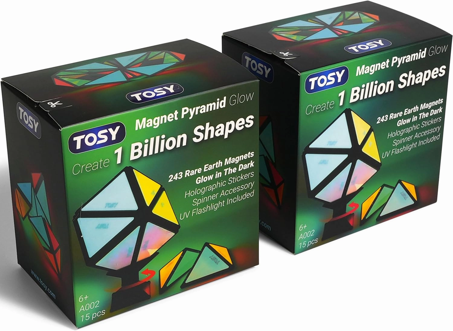 TOSY Magnet Pyramid Glow - 1 Cube Transforms into 1 Billion Shapes, 12 Pieces, 243 Rare Earth Magnets, Glowing, Holographic Design Magnet Tiles Creative Puzzle STEAM Toy, 2-Pack