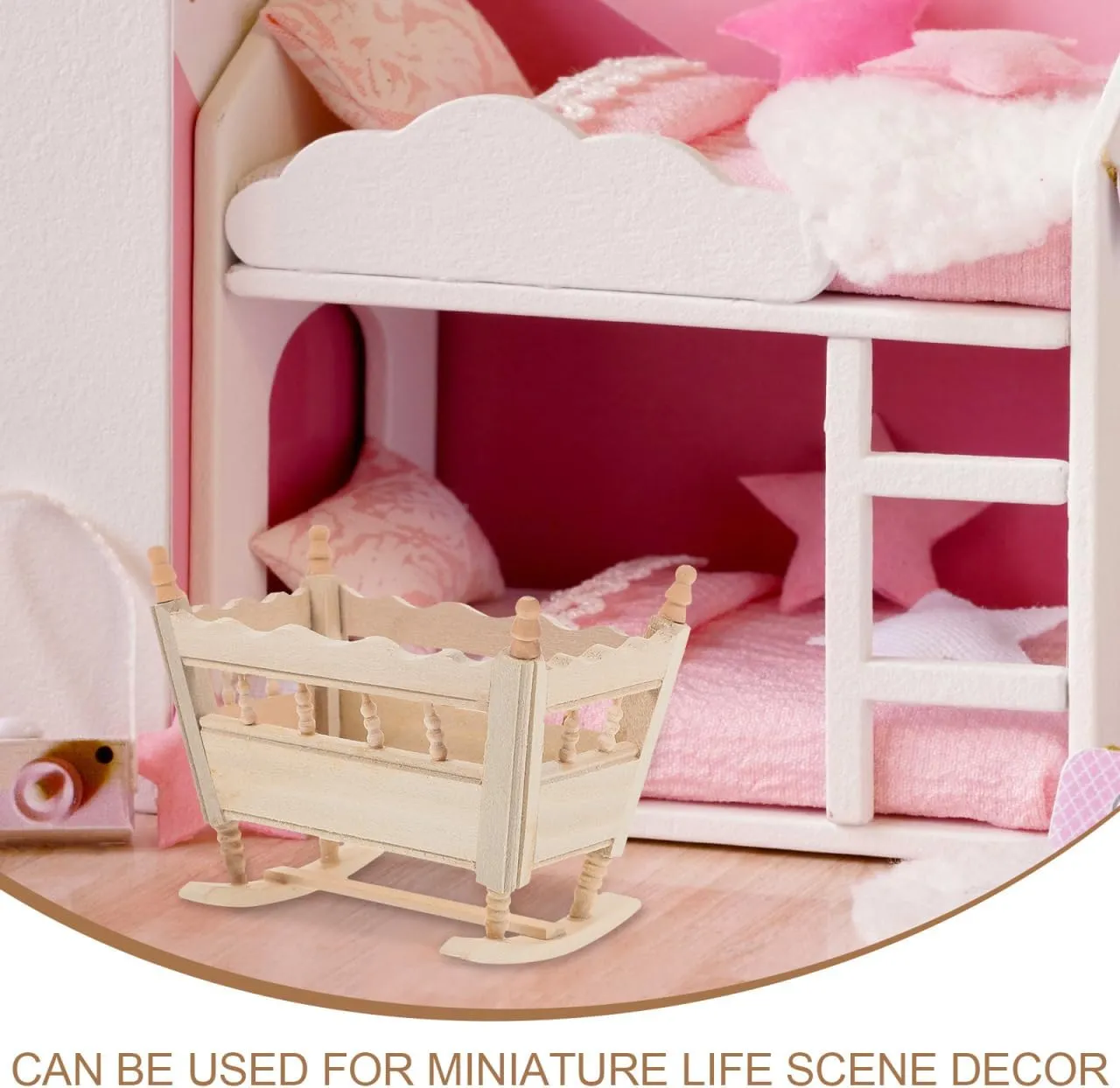Totority Mini Cradle Model for Dollhouse 4pcs Wooden Small Crib Ornament, Beige, 3.74x3.14x8.81in, Dollhouse Miniature Furniture, Decorative Cradle for Mini House, Kids' Imagination Toy