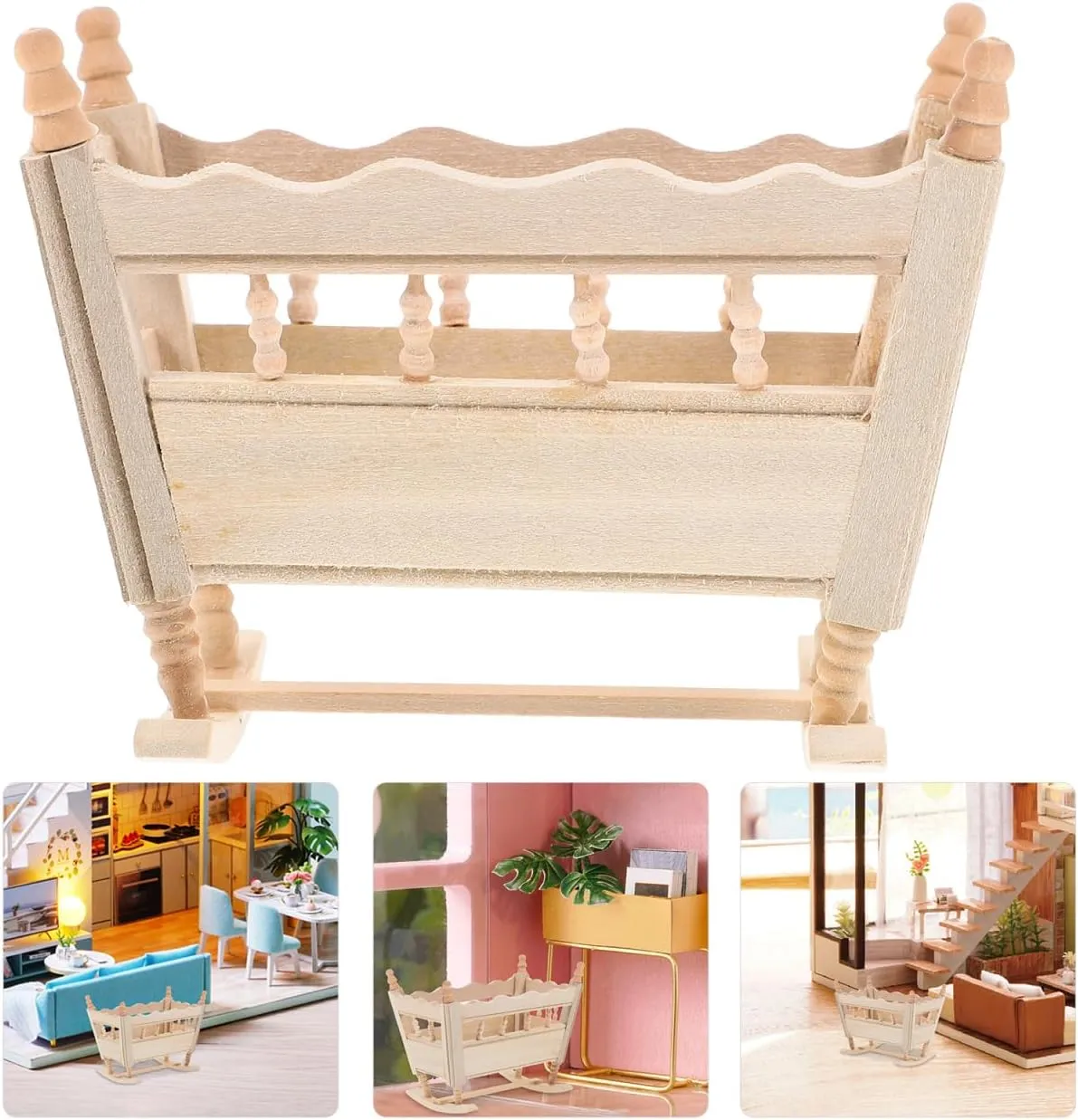 Totority Mini Cradle Model for Dollhouse 4pcs Wooden Small Crib Ornament, Beige, 3.74x3.14x8.81in, Dollhouse Miniature Furniture, Decorative Cradle for Mini House, Kids' Imagination Toy