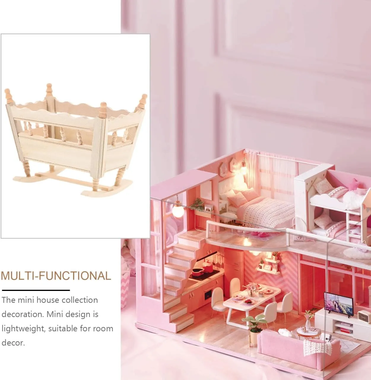 Totority Mini Cradle Model for Dollhouse 4pcs Wooden Small Crib Ornament, Beige, 3.74x3.14x8.81in, Dollhouse Miniature Furniture, Decorative Cradle for Mini House, Kids' Imagination Toy