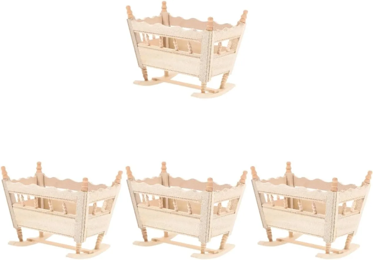 Totority Mini Cradle Model for Dollhouse 4pcs Wooden Small Crib Ornament, Beige, 3.74x3.14x8.81in, Dollhouse Miniature Furniture, Decorative Cradle for Mini House, Kids' Imagination Toy