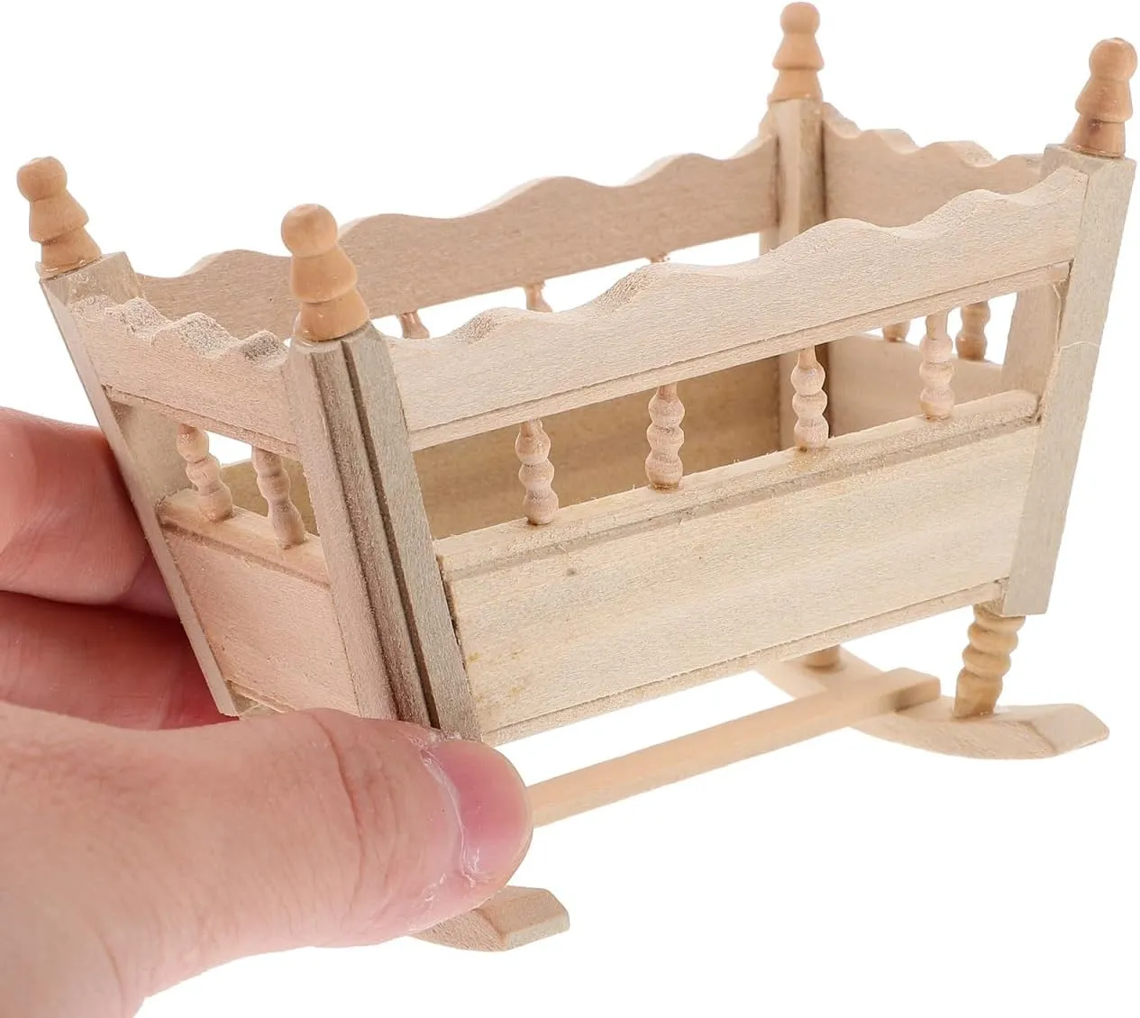 Totority Mini Cradle Model for Dollhouse 4pcs Wooden Small Crib Ornament, Beige, 3.74x3.14x8.81in, Dollhouse Miniature Furniture, Decorative Cradle for Mini House, Kids' Imagination Toy