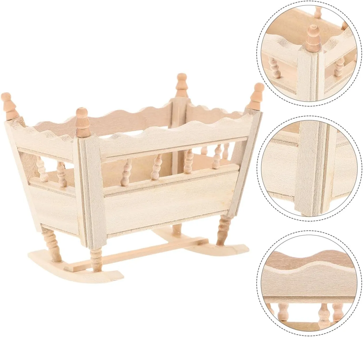 Totority Mini Cradle Model for Dollhouse 4pcs Wooden Small Crib Ornament, Beige, 3.74x3.14x8.81in, Dollhouse Miniature Furniture, Decorative Cradle for Mini House, Kids' Imagination Toy