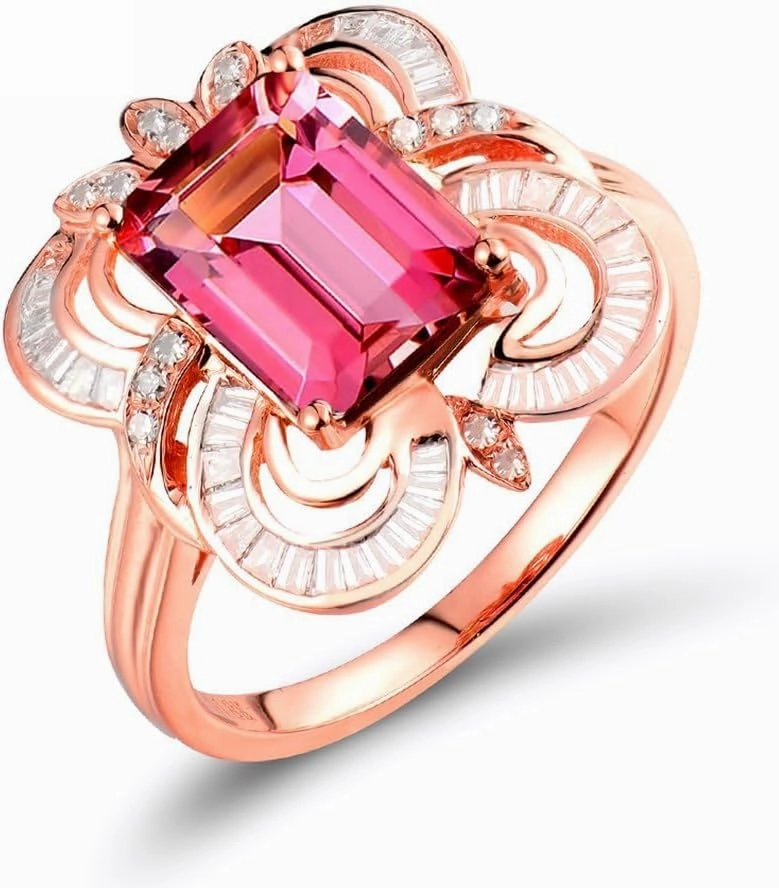 Tourmaline Ring For Women, 14K Rose Gold Rings - Pink Tourmaline Ring, 7x9mm Natural Tourmaline Pink Stone Ring & Real Diamond Gemstone Rings For Couple Engagement Ring