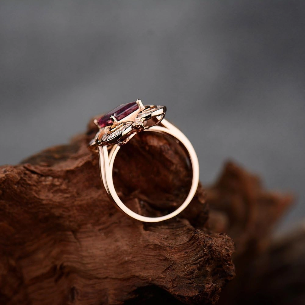 Tourmaline Ring For Women, 14K Rose Gold Rings - Pink Tourmaline Ring, 7x9mm Natural Tourmaline Pink Stone Ring & Real Diamond Gemstone Rings For Couple Engagement Ring