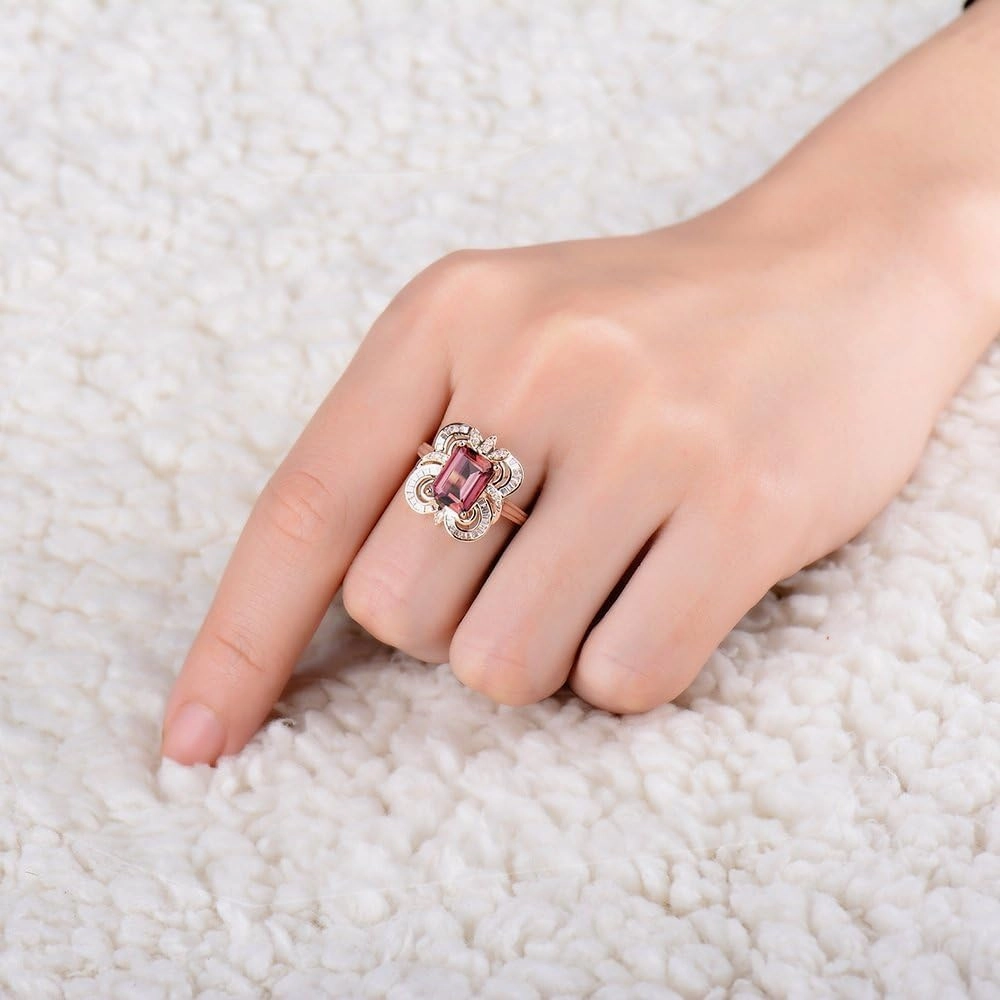 Tourmaline Ring For Women, 14K Rose Gold Rings - Pink Tourmaline Ring, 7x9mm Natural Tourmaline Pink Stone Ring & Real Diamond Gemstone Rings For Couple Engagement Ring