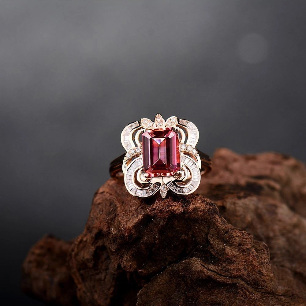 Tourmaline Ring For Women, 14K Rose Gold Rings - Pink Tourmaline Ring, 7x9mm Natural Tourmaline Pink Stone Ring & Real Diamond Gemstone Rings For Couple Engagement Ring