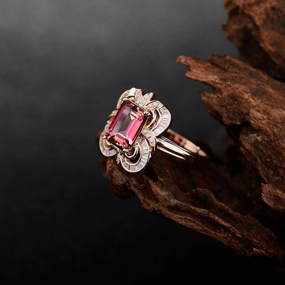 Tourmaline Ring For Women, 14K Rose Gold Rings - Pink Tourmaline Ring, 7x9mm Natural Tourmaline Pink Stone Ring & Real Diamond Gemstone Rings For Couple Engagement Ring