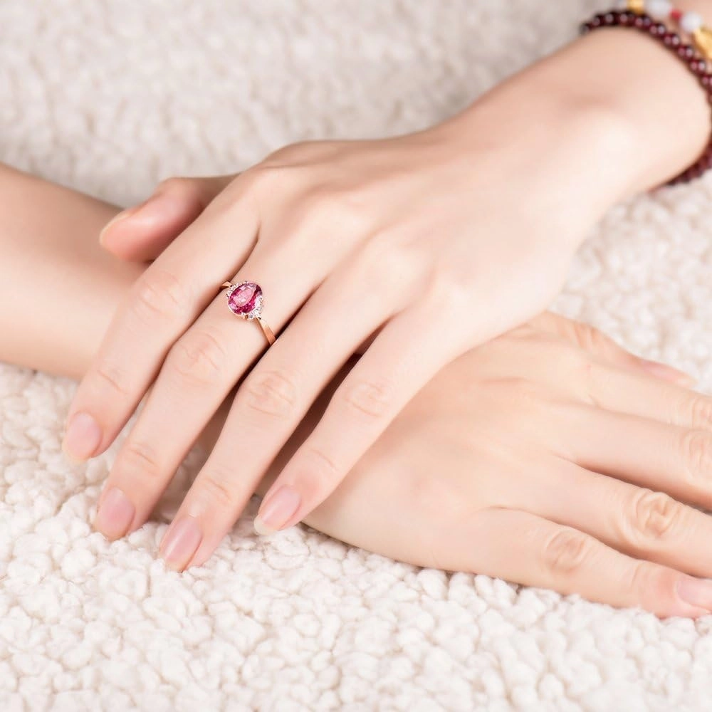 Tourmaline Ring For Women, 14K Rose Gold Rings - Pink Tourmaline Ring, Oval 6x8mm Natural Tourmaline Pink Stone Ring & Real Diamond Gemstone Rings For Couple Engagement Ring